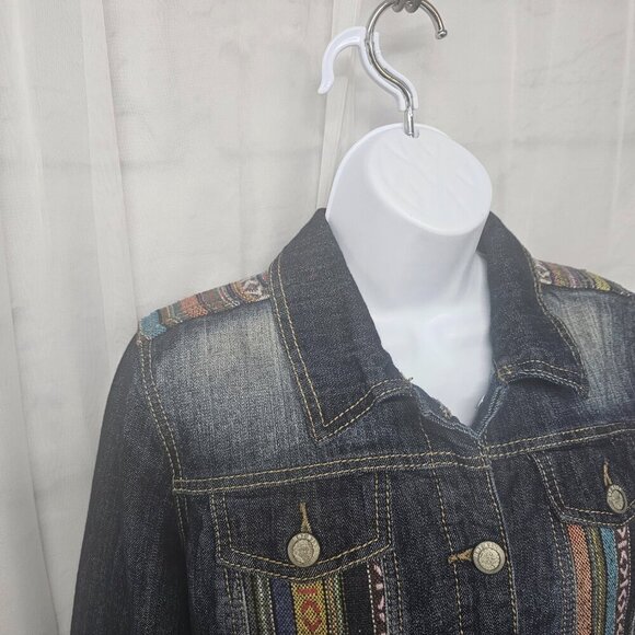 Hot Kiss Blue Denim Aztec Tapestry Jean Jacket Bohemian Southwestern Cropped L - Picture 3 of 11